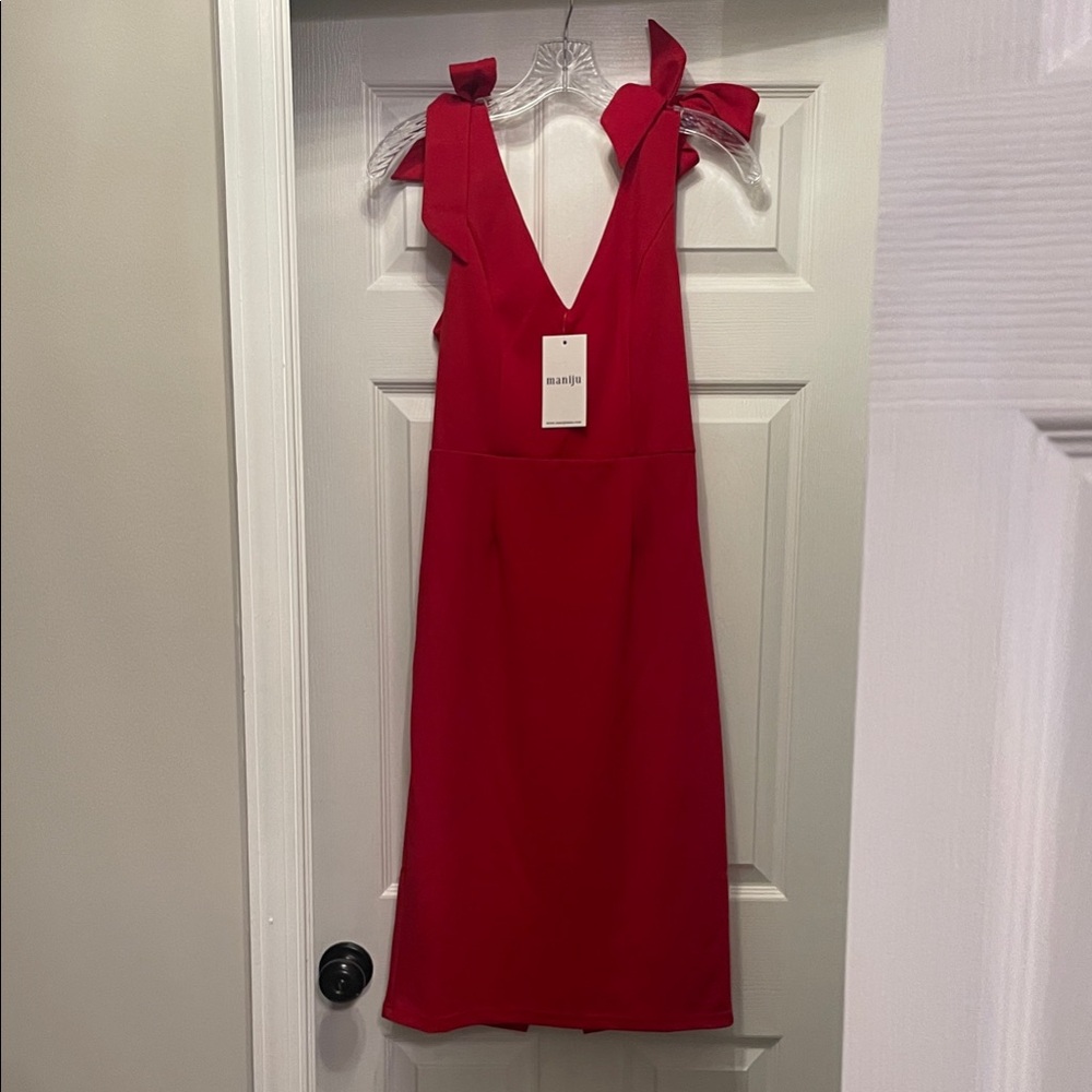 Elegant Red Midi Dress with Bow Straps
